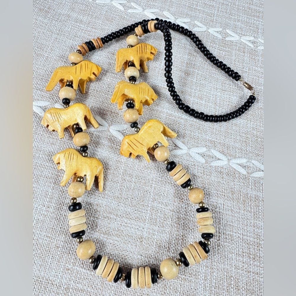 Vintage Wood Carved Elephants Black Wood Bead Necklace
